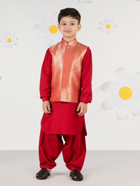 Boy's Red Brocade Nehru Jacket Set With Patiala